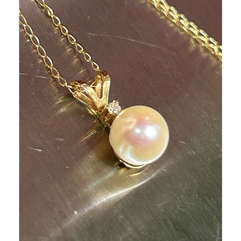 14k solid yellow gold 6mm pearl and diamond pendant chain necklace fine jewelry